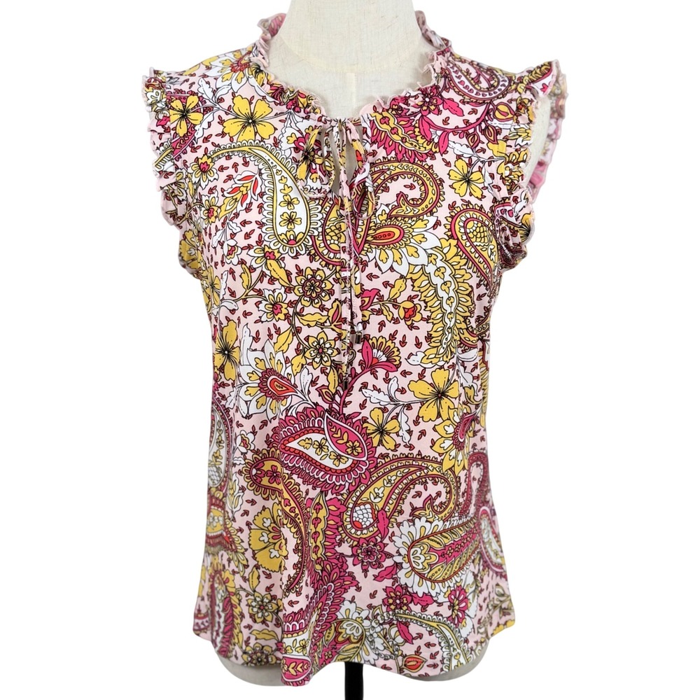 Tommy Hilfiger S Paisley Blouse Colorful Ruffle Tie Neck Boho Romantic Peasant‎
